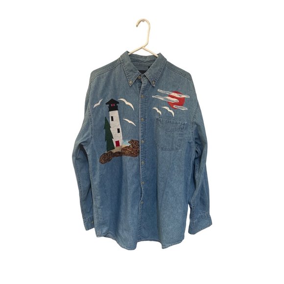 Vintage Other - Basic Editions mens denim lighthouse button front shirt size m